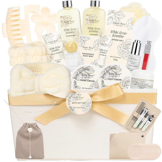 37 Pcs Bath Spa Gifts for Women, Mothers Day Gifts, WHITE ROSE JASMINE Bath & Body Gift Basket, Face Skin Care Kit, Home Spa Gift Set, Self-Care Kit, Necklace, Birthday, Christmas, Anniversary