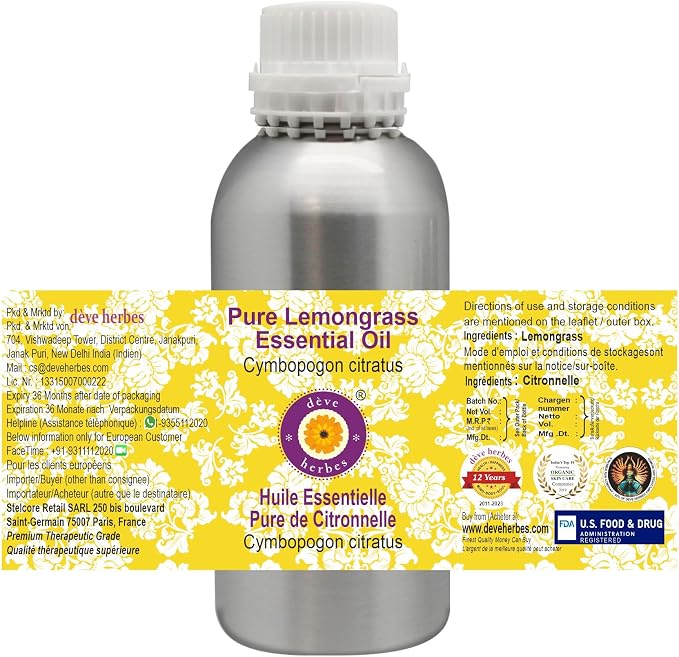 Deve Herbes Pure Lemongrass Essential Oil (Cymbopogon citratus) Steam Distilled 1250ml (42 oz)