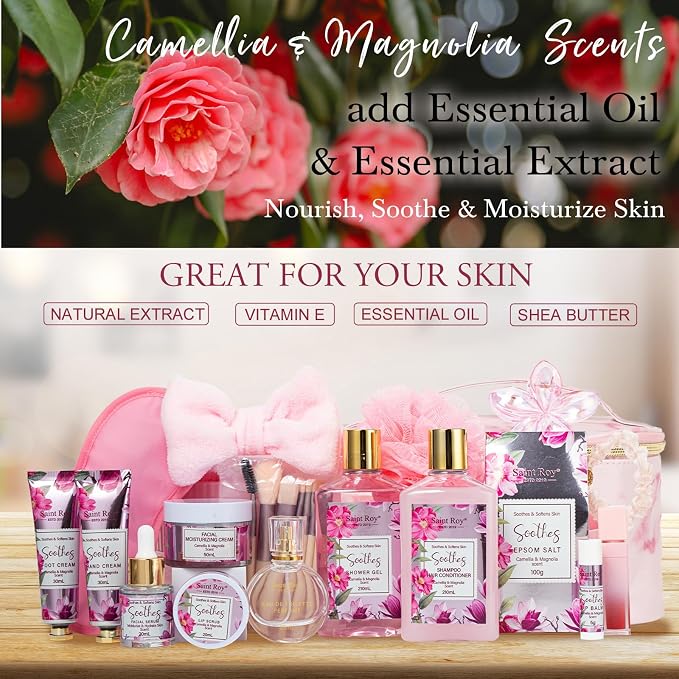 27Pcs Bath & Body Spa Basket for Women, Beauty Care Kit, Spa Kit, Self Care | Camellia Magnolia Facial Skin Care Gift Set, Makeup Bag, Face Serum, Bath Bomb, Christmas, Mother Day, Valentine's, Birthday