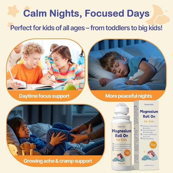 Magnesium Roll-On for Kids with Dead Sea Magnesium Chloride, Calming Routine & Muscle Comfort Support, Fast-Absorbing Non-Greasy, with Chamomile & Aloe, 3.38 fl oz