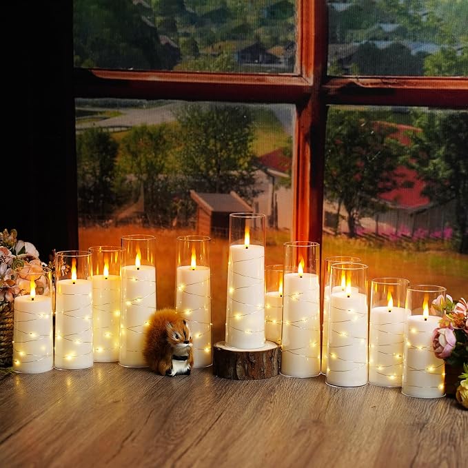 Flameless Candles with Embedded Star String, 12 Pcs Battery Operated LED Pillar Candles with Remote and Timer, Suitable for Home Decor, Party, Christmas & Wedding (White)