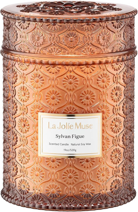 LA JOLIE MUSE Sylvan Figue Candle | Fig Leaf, Red Berries, Sandalwood | 19 oz Large Wooden Wick Candle | Natural Soy Wax | 90 Hours Clean Burn | Gift-Ready for Hosts | Elegant Home Décor