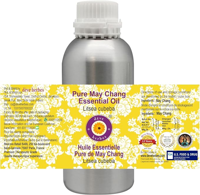 Deve Herbes Pure May Chang Essential Oil (Litsea cubeba) Steam Distilled 1250ml (42 oz)