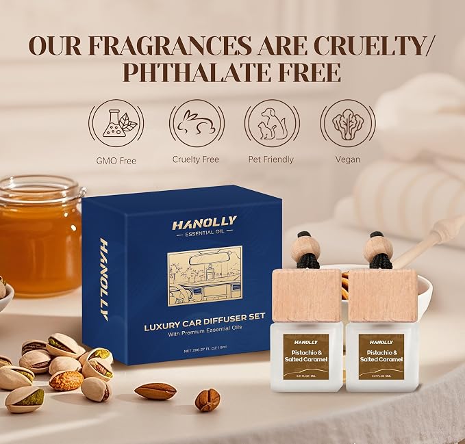 Hanolly Car Air Hanging Fragrance Oil, Car Auto Freshener for Essential Oils, Scents Fragrance Aromatherapy Automobile Diffuser, Long Lasting (Pistachio & Salted Caramel)