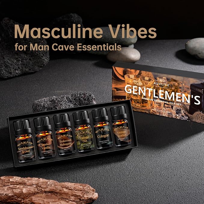 Men Essential Oils Set for Diffuser, Father's Day & Birthday Gift for Men - 6x10ml Masculine Fragrance Oils for Candle Making, Scented Oil Gift Set, Mahogany, Sandalwood, Cologne,Smoke Vanilla,Leather