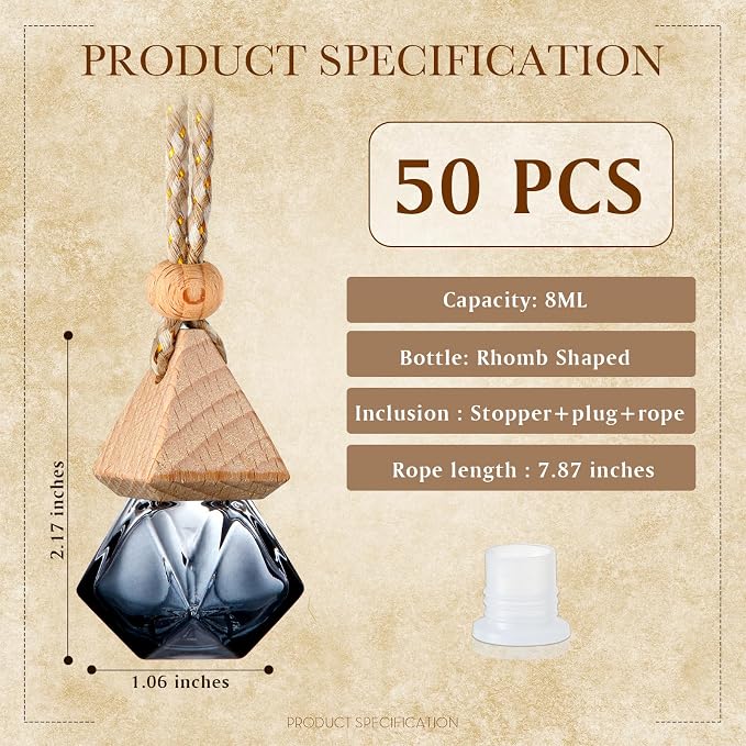 BBTO 50 Pcs Hanging Car Air Freshener Black Car Diffuser Bottles Empty Glass Perfume Bottle Freshener Diffuser Bottles Pendant for Essential Oil Fragrance Aromatherapy Ornament(Rhomb)