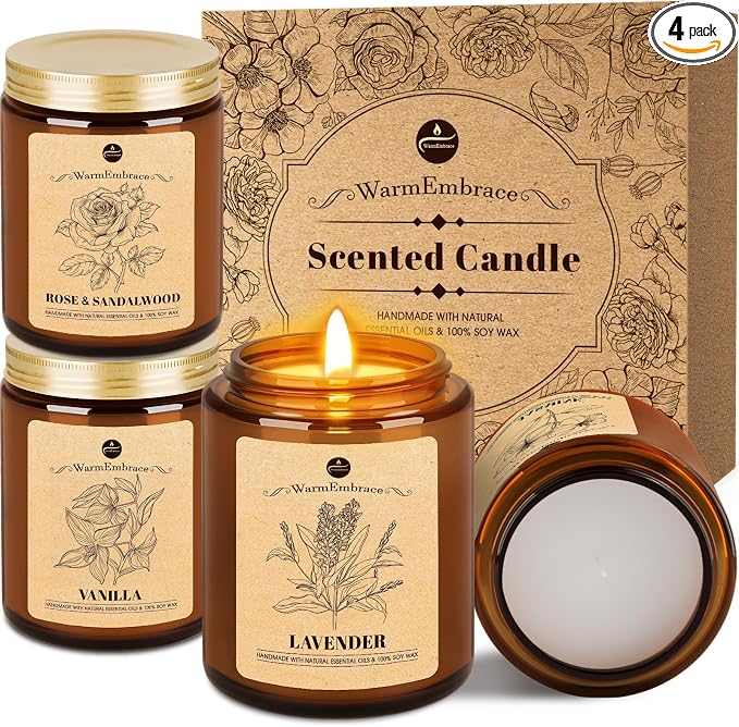 WarmEmbrace Lavender Candles, 4-Pack Scented Candle Set for Women, 7.6 oz Natural Organic Soy Wax in Glass Jar, 160 Hours Long-Lasting Burn, Perfect for Mother's Day, Birthday Gifting (4 Fragrance)