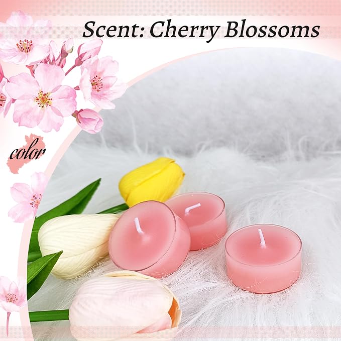 Cherry Blossom Scented Tealight Candles, Pink Scent Tea Lights Candles Clear Cup, 24 Pack Colored Tealights Candle, 6 Hour Burn Time Tea Candles for Party, Decor, Spa, Shabbat