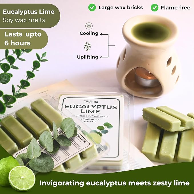 TRUMIRI Eucalyptus Lime Scented Wax Melts - Made with Non Toxic Soy Wax and Essential Oils - Long Lasting Strong Scent Pet Safe Aromatherapy Candle Wax Cubes Tarts for Warmers Pack of 4