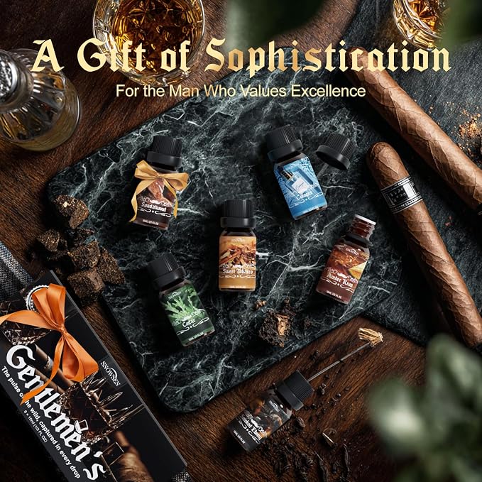 Men Diffuser Oils Gift Set for Father's Day & Birthday, SNOWSEN Gentlemen's Essential Oil for Diffuser Candles Scents & Perfume, Sandalwood, Cologne, Smoked Ebony, Amber Rum, Cedar, Sweet Tobacco