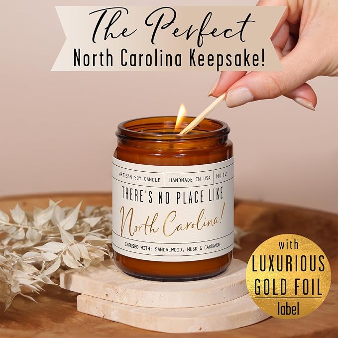 North Carolina Gifts, North Carolina Decor for Home - 'There's No Place Like North Carolina Candle, w/Sandalwood, Musk & Cardamon I North Carolina Souvenirs State Gifts I 9oz Jar, 50Hr Burn, USA Made