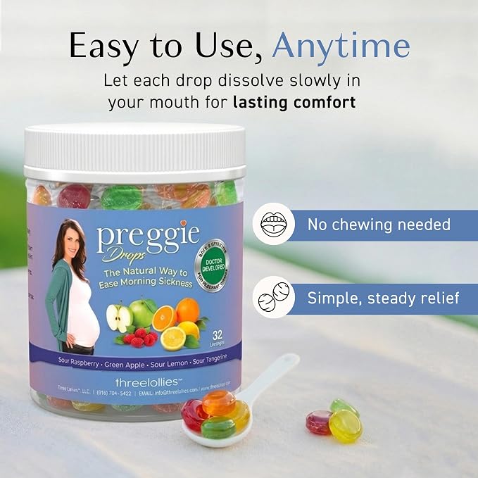 Preggie Drops Pregnancy Nausea Lozenges with Essential Oils & Fruit Extracts, Morning Queasiness Lozenges for Pregnant Women, Natural Sour Drops Variety Pack, 32 Count