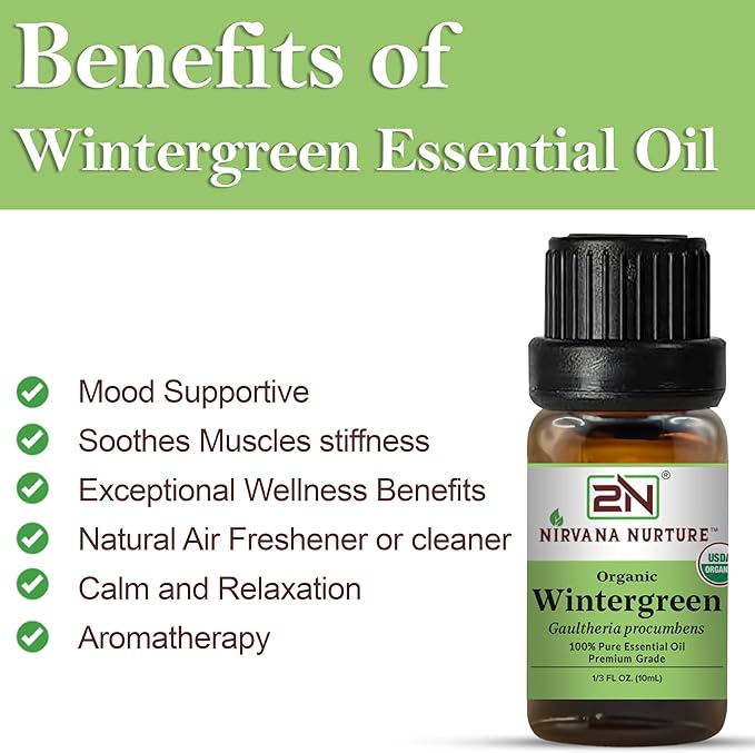 Wintergreen Essential Oil, USDA Certified Organic, 100% Pure Undiluted, Aromatherapy Oil for Diffuser, Hair & Skin Care