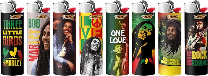 BIC Maxi Pocket Lighter, Special Edition Bob Marley Collection, Assorted Unique Lighter Designs, 8 Count Pack of Lighters