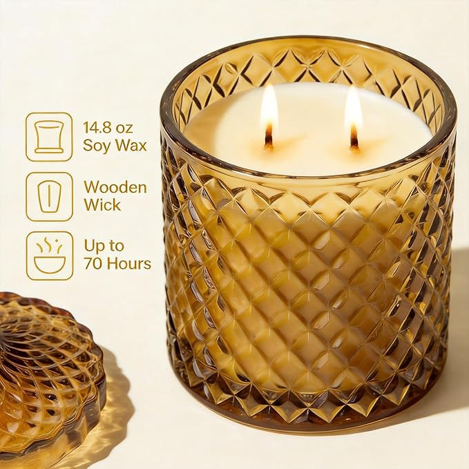 Hidden Label Jasmine Magnolia Scented Candle, 14.8 oz Wooden Wick Soy Wax Jar Candle, Floral Candle for Home, Bedroom & Living Room, 70 Hour Long Lasting Luxury Candle Gift for Women & Men