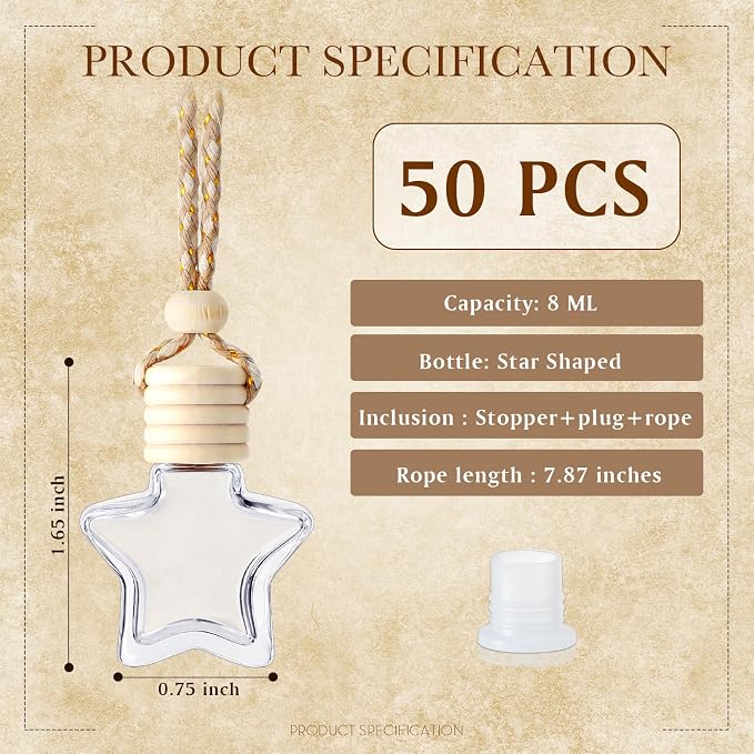 BBTO 50 Pcs Hanging Car Air Freshener Car Diffuser Bottles Empty Glass Perfume Bottle Freshener Diffuser Bottle Pendant for Essential Oil Fragrance Aromatherapy Ornament(Star)