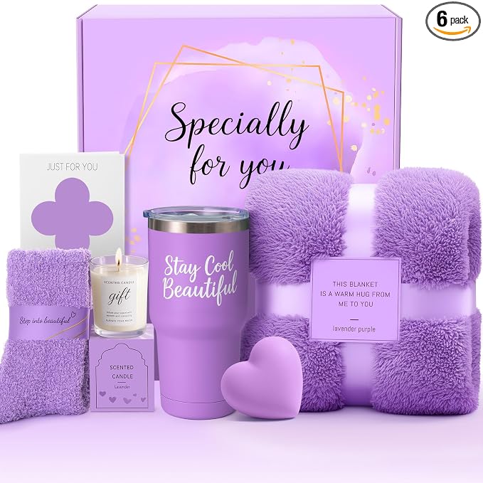 Birthday Gift for Women - Luxury Spa Self Care Kit for Her - Perfect Birthday Gifts for Wife Mom Girlfriend Sister - Relaxing Spa Experience with Blanket Candle Bath Bomb Tumbler - Purple Gift Box