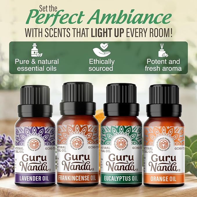 GuruNanda Essential Oils Set (Pack of 8 x 0.5 Fl Oz) - Pure, Natural Frankincense, Lavender, Eucalyptus & Orange Aromatherapy Oils for Diffusers, DIY & Home Use