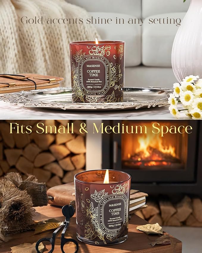 M&SENSE Coffee Soy Candle, Morning Boost Focus Long Lasting Gift | Roasted Coffee Atmosphere, Clean Soy Wax Slow Burn, Non-Toxic Office Desk Safe, Reusable Golden Stamped Jar