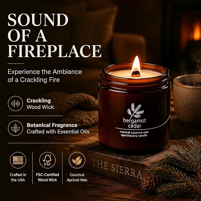 Hemlock Park Bergamot Cedar Apothecary Scented Candle | Crackling Wood Wick, Botanical Fragrance & Coconut Apricot Wax | Up to 80 Hour Burn Time | 16 oz | Made in USA