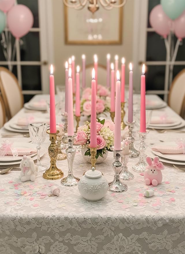 12pk 10" Classic Taper Candles, Muted Pink Shades, 7-8 Hours Long Burning, Unscented Tall Candlesticks