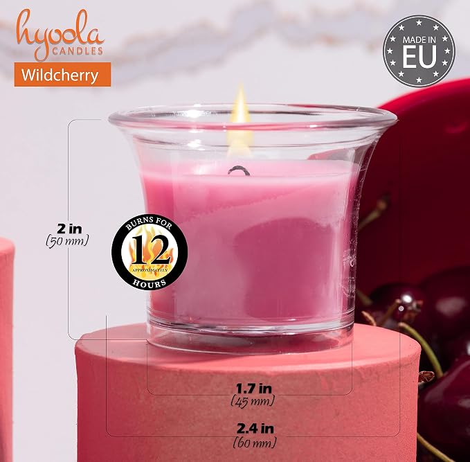 HYOOLA Clear Cup Scented Votive Candles - Wild Cherry - 12 Hour Burn Time - 4 Pack - European Made