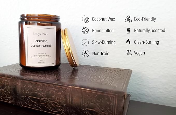 Organic Coconut Wax Aromatherapy Candle | Jasmine & Sandalwood | Non-Toxic, Pet Safe, Allergy Friendly | Phthalate Free | Zero Waste Sustainable Gift