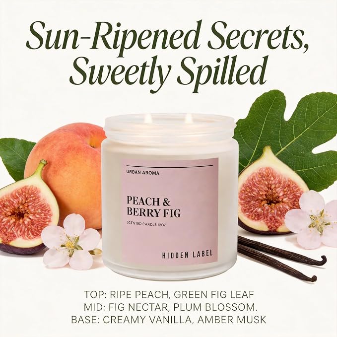 Hidden Label Peach Berry Fig Soy Candle, 12oz 2-Wick, 70H Fruity Warmth | Non-Toxic Natural Wax, Paraben & Phthalate-Free, Clean Burn | Elegant Home Decor & Gift-Ready | Stress Relief & Mood Uplift