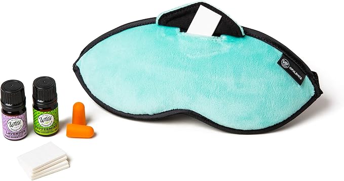 Redolence Aromatherapy Plush Sleep Mask Set w/ 2-5ml Pure Essential Oils - Lavender and Peppermint, 5 Refill Pads and Pair of Foam earplugs (Calm Sea Green)