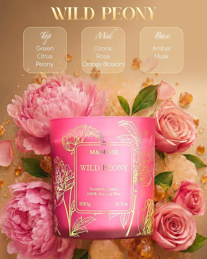 M&SENSE Wild Peony Floral Scented Candles, Natural Soy Wax Non Toxic Candle for Home, 8.1oz 42-Hour Long Lasting Burning Time, Summer Romance Home Fragrance Gifts for Women