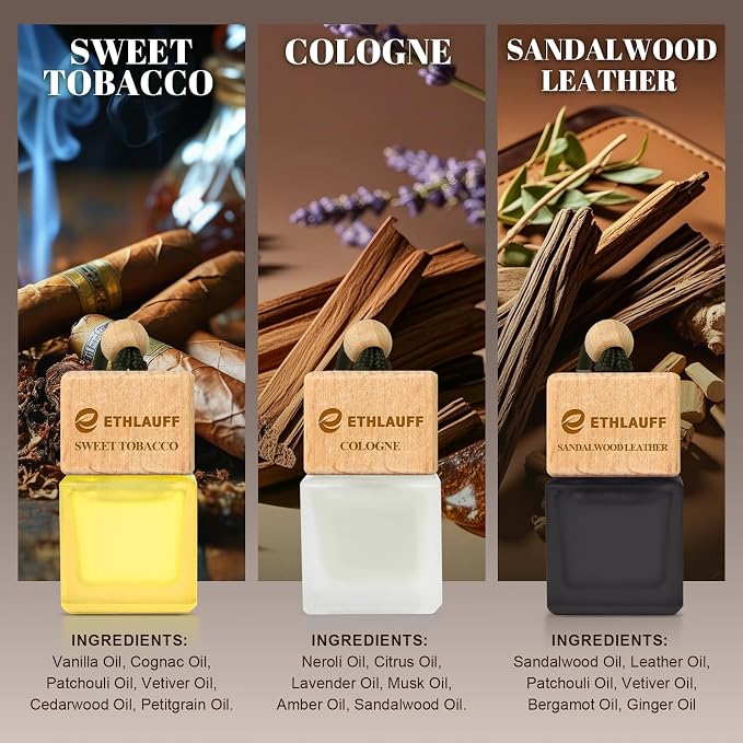 Car Air Freshener Hanging 3 Pack, Air Fresheners Diffuser - Leather, Cologne, Sweet Tobacco Fragrance Oil Air Diffuser for Men, 45+ days Long Lasting Fragrance 0.27 FL OZ/8ML