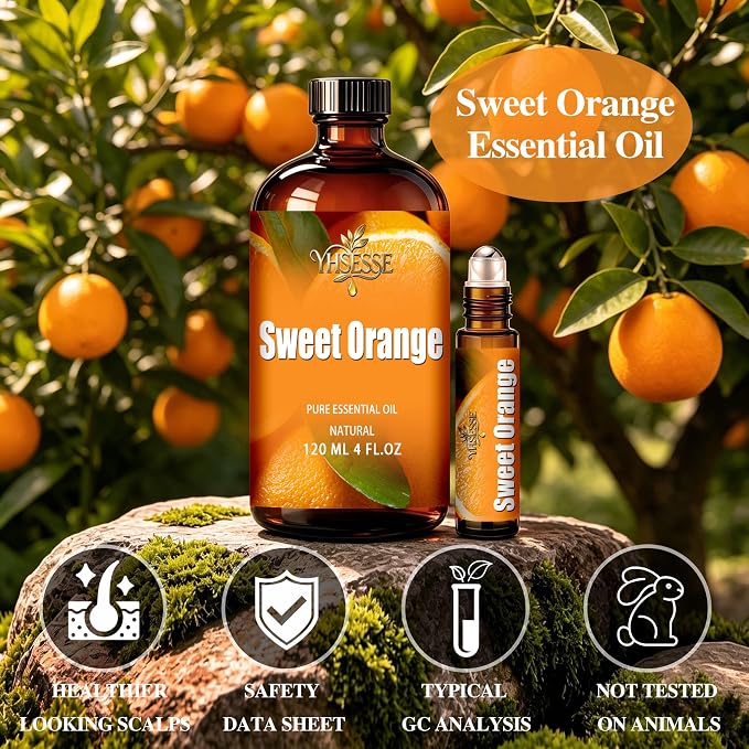Sweet Orange Essential Oil, Sweet Orange Oil 4 Fl Oz 120ml for Diffuser Yoga Soap & Candle Making – with 0.33 Oz Roller Ball & Dropper YHSESSE Essential Oils