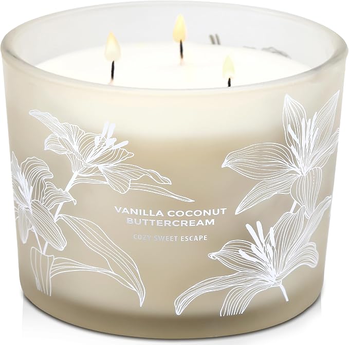 Vanilla Coconut Buttercream Candle | Large 3 Wick Scented Soy Candle for Home | 14.5oz Vanilla Coconut Aromatherapy Candle | Vanilla Cupcake Candle | Long Lasting Clean Burn | Gift for Women & Men
