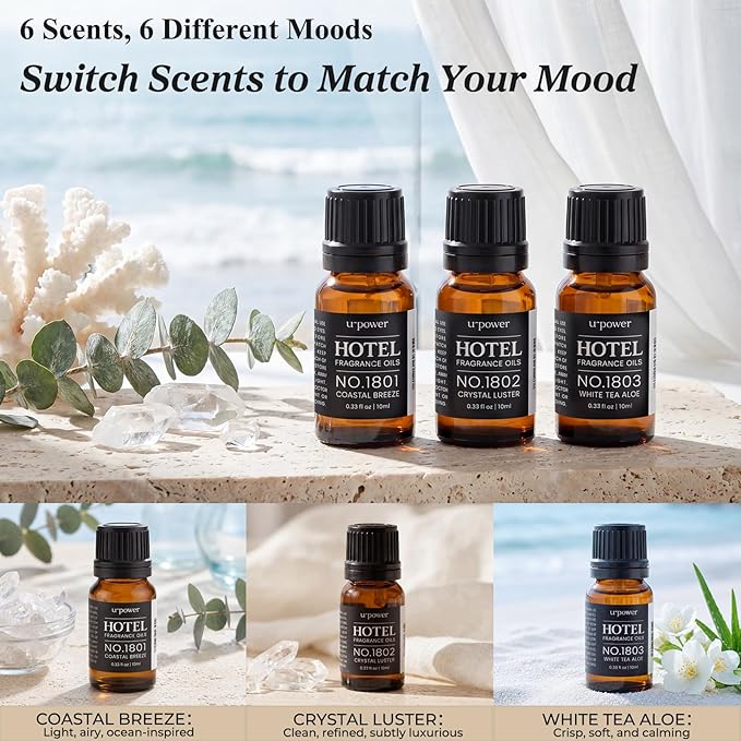 URPOWER Hotel Collection Diffuser Oil - 6 Premium Scents for Diffusers 10ml/0.34 fl oz Essential Oils Set for Diffusers for Home - Inspired by Baccarat Westin My Way Pure White Tea and Other Hotel