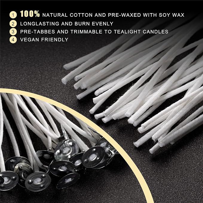 Candle Wicks 90 Pcs (4 inch, 6 inch, 8 inch) with 2 Candle Wick Holders & 90 Wick Tab Stickers, Long Lasting Pre-Waxed & Tabbed Cotton Threads with No Black Smoke for DIY Crafts