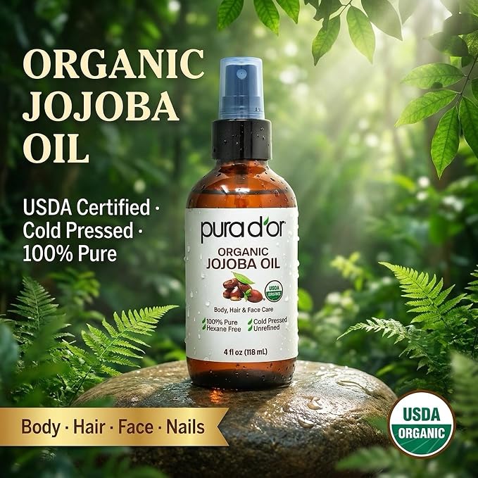 PURA D'OR Organic Jojoba Oil - USDA Certified - 100% Pure & Natural Moisturizer - Cold Pressed, Unrefined, Hexane Free, Skin Care, Hair, Body, Face & Nails, DYI Carrier Oil 4 Oz - Hair Regrowth Tonic