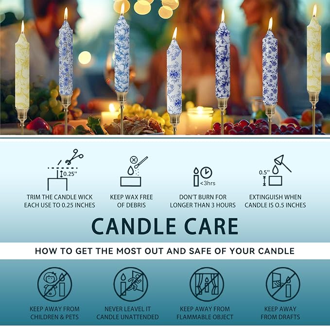 7 inch Short Candle Blue Quicksand Print Candle 4 Pack Handmade Unscented Taper Candles Printed Candlestick Smokeless Tapered Candles for Home Dinner Wedding Holiday