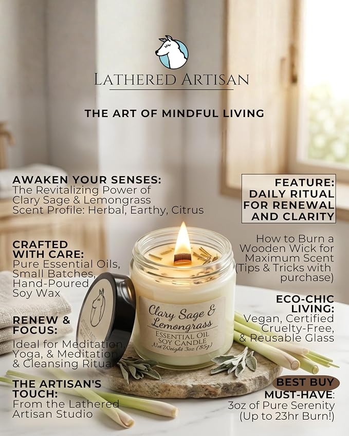 Clary Sage & Lemongrass Essential Oil Candle 3 oz, Hand Crafted Pure Soy Wax Candle, Wooden Wick, Dried Flowers, 23 Hour Burn Time, Natural Aromatherapy Glass Jar Candle with Lid by Lathered Artisan