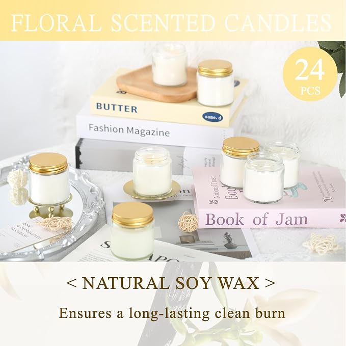 24 Pcs 4 Oz Mason Jar Candles, Vanilla Scented Soy Candles Bulk Set for Stress Relief and Relaxation, Great Favors for Wedding, Christmas, Housewarming Gifts (Gold, Vanilla, 24)