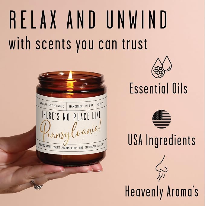 Pennsylvania Gifts, Pennsylvania Decor for Home - 'There's No Place Like Pennsylvania Candle, w/Aroma of The Chocolate Factory I Pennsylvania Souvenirs State Gifts I 9oz Jar, 50Hr Burn, USA Made