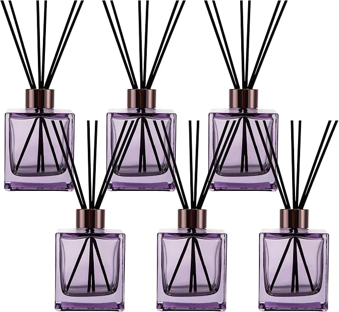 6 Pack Perfume Reed Diffuser Bottle,Empty Square Essential Oil Bottles Glass Jar with Black Sticks for DIY Fragrance Replacement Diffuser Sets (200ml/6.8 oz, Purple Color)