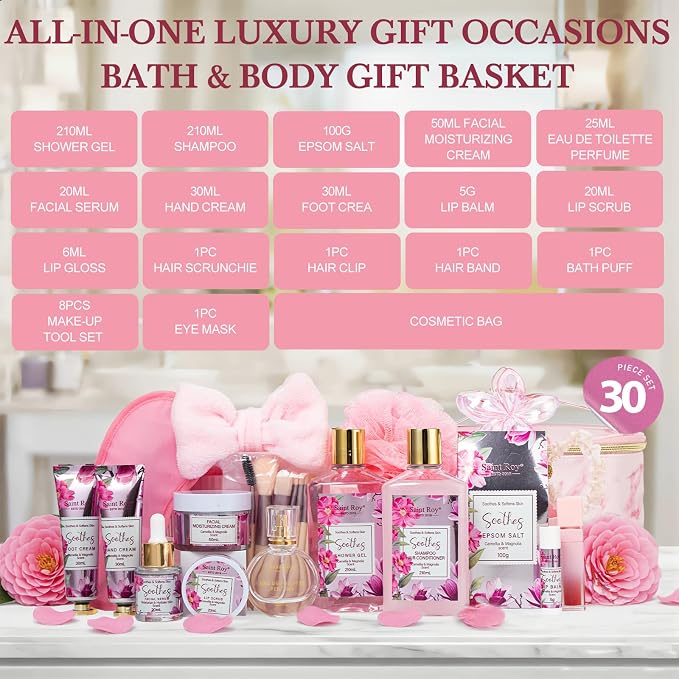 27Pcs Bath & Body Spa Basket for Women, Beauty Care Kit, Spa Kit, Self Care | Camellia Magnolia Facial Skin Care Gift Set, Makeup Bag, Face Serum, Bath Bomb, Christmas, Mother Day, Valentine's, Birthday