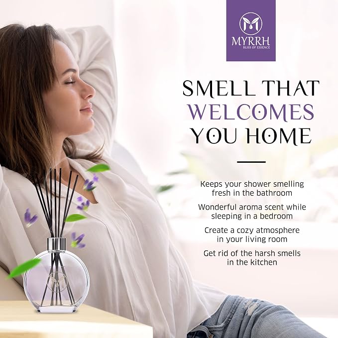 Lavender Blossom Scented Reed Diffuser Set with 8 Rattan Diffuser Sticks, 150 ml, All Natural Air Freshener, Long-Lasting Diffusers at Home - MyrrhUSA