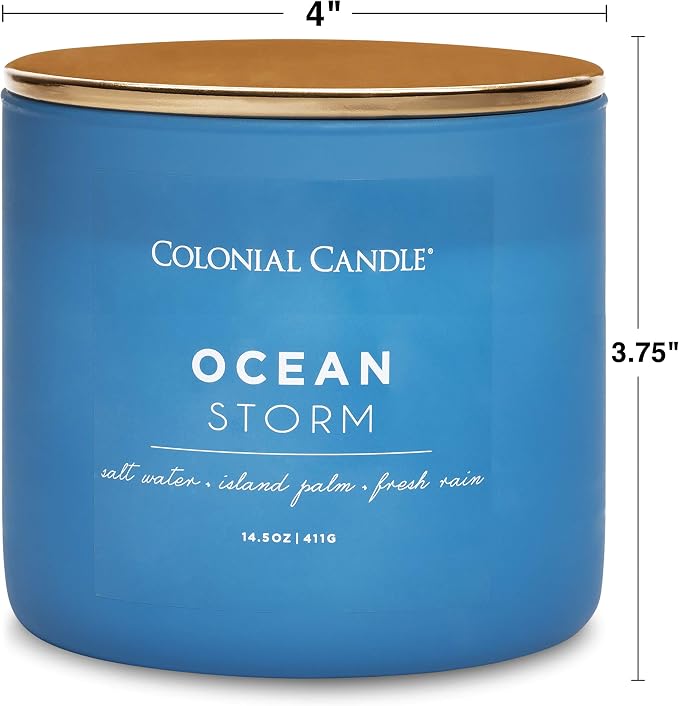 Colonial Candle Ocean Storm Scented Jar Candle, Pop of Color Collection, 3 Wick, Blue, 14.5 oz - Up to 60 Hours Burn