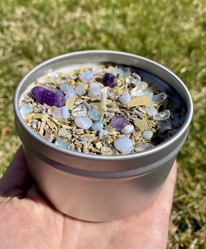 Peaceful Home® Candle by New Moon Beginnings - Stress Relief Candle - Energy clearing - All Natural Essential Oil Soy Candle - Crystal Candles (Peaceful Home, 8oz Tin)
