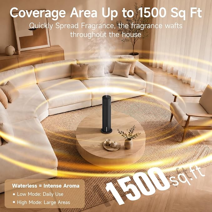 Waterless Scent Diffuser Starter Kit - Cold Air Diffuser Machine with 6 Essential Oils, 1500 Sq.ft Coverage for Large Room Home Office Hotel, Smart Aromatherapy Diffuser, Remote Control & APP, Timer