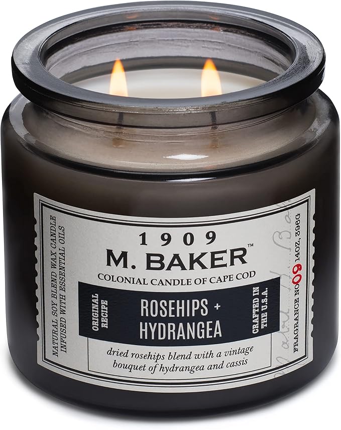 Colonial Candle Rosehips Hydrangea Scented Jar Candle | 2-Wick Natural Soy Blend Wax Candle for Home | Relaxing Aromatherapy Candle Infused with Essential Oils | M. Baker Apothecary Glass Jar Candle