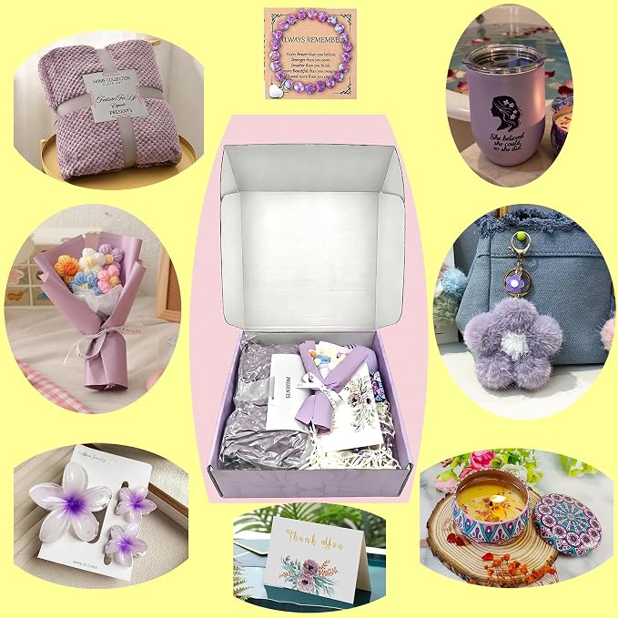 Birthday Gifts Set for Women Luxury Purple Spa & Self Care Gift Boxed Set with Cozy Blanket, Tumbler, Scented Candle, Bracelet & Flower Bouquet for Mom, Sister, Friend,Mother,Grandma, Wife