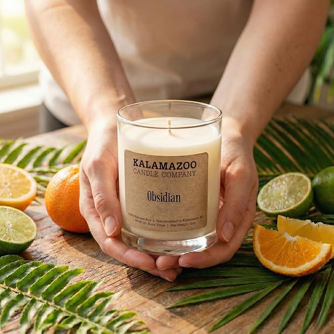 Kalamazoo Candle Company Hand-Poured Soy Wax Candle – 10oz Classic Jar, 60-80 Hour Burn Time – Made in USA, Highly Scented, Phthalate-Free (Obsidian)