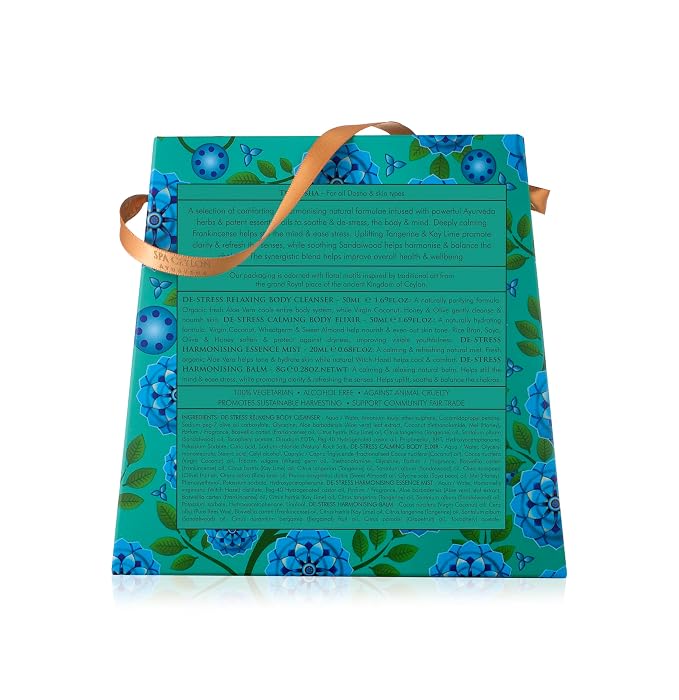 Spa Ceylon Ayurveda De-Stress Discovery Set - 4-Piece Natural Calming Gift Set with Frankincense, Sandalwood & Tangerine - Body Cleanser, Body Elixir, Essence Mist & Balm